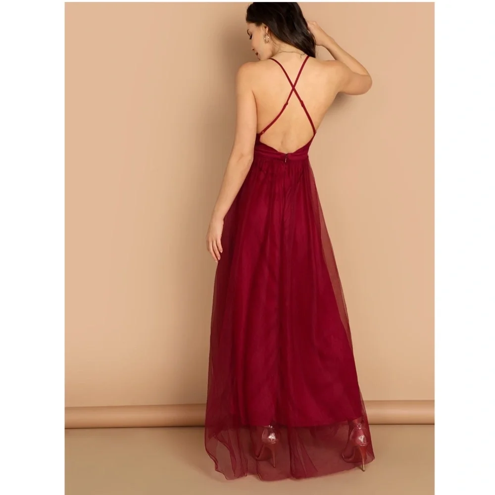 Burgundy Mesh Backless Maxi Dress V-Neck - Picture 2 of 6
